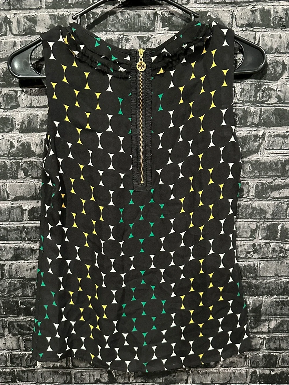 Tory Burch Sleeveless SilkRuffle Front Geometric Print Top Black/Green/Yellow